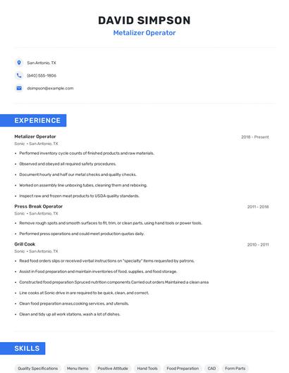 Metalizer Operator Resume