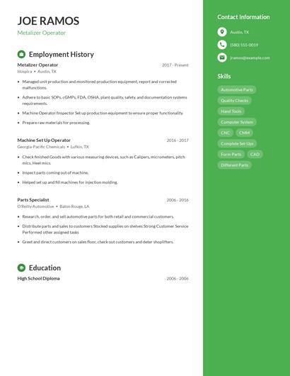 Metalizer Operator Resume