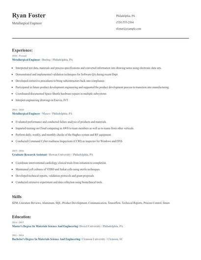 Metallurgical Engineer Resume