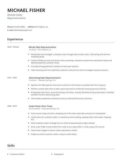 Metals Sales Representative Resume