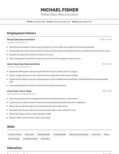 Metals Sales Representative Resume