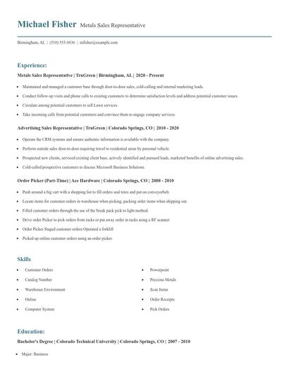 Metals Sales Representative Resume