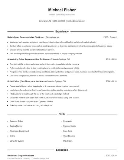 Metals Sales Representative Resume