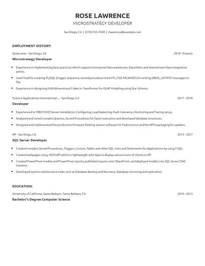 Microstrategy Developer Resume