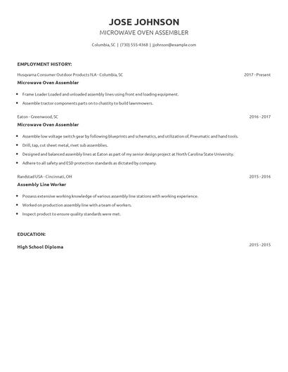 Microwave Oven Assembler Resume