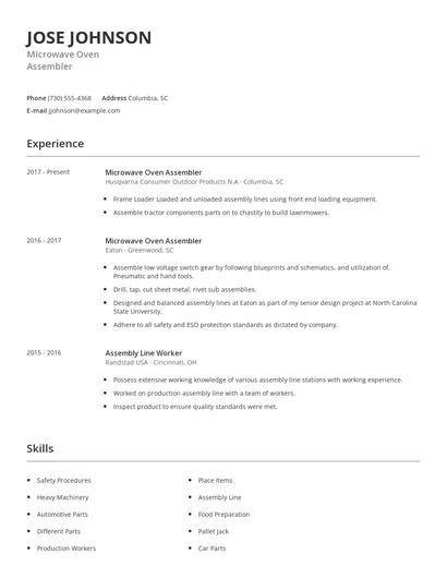 Microwave Oven Assembler Resume