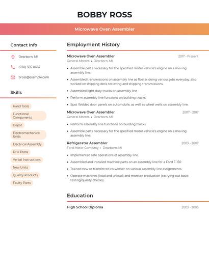 Microwave Oven Assembler Resume