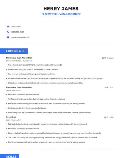 Microwave Oven Assembler Resume