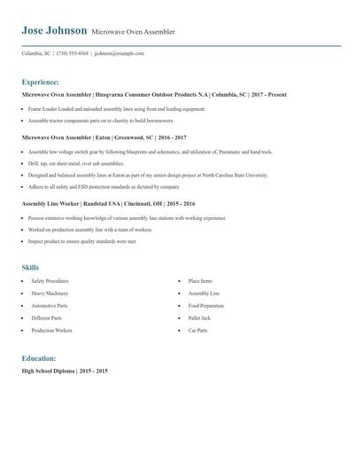 Microwave Oven Assembler Resume