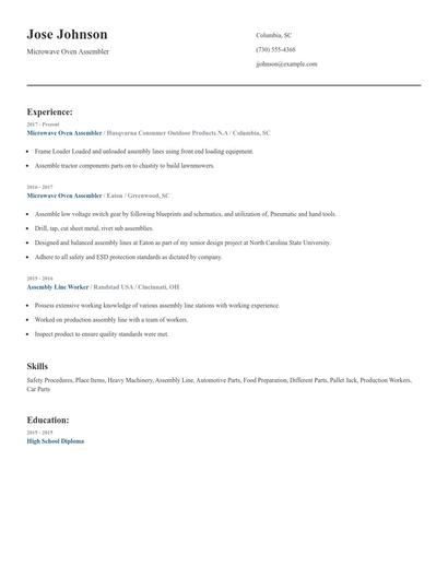 Microwave Oven Assembler Resume