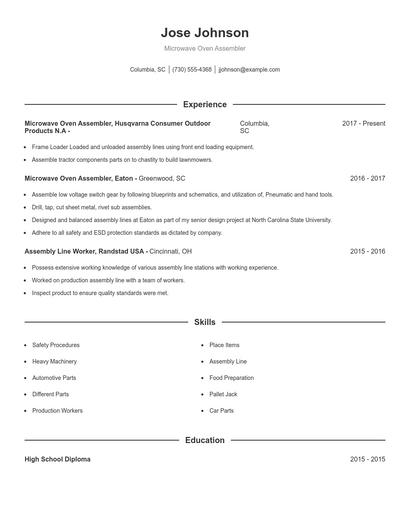 Microwave Oven Assembler Resume