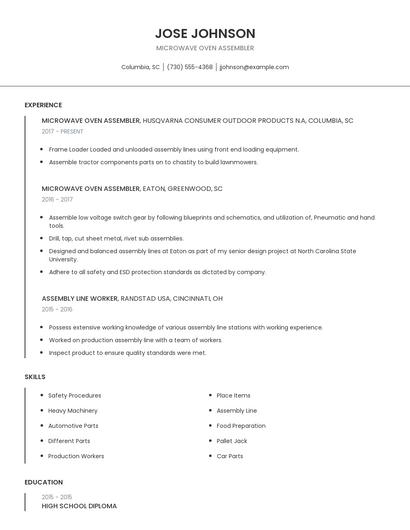 Microwave Oven Assembler Resume