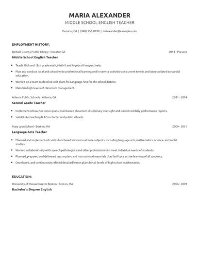 Middle School English Teacher Resume