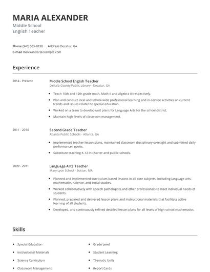 Middle School English Teacher Resume