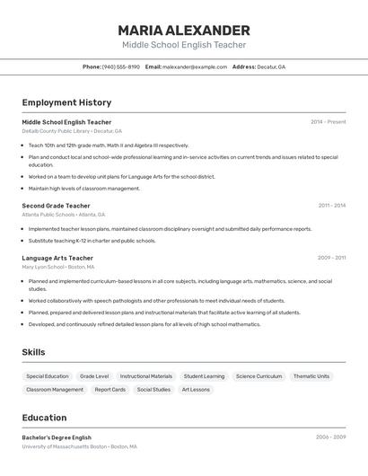 Middle School English Teacher Resume