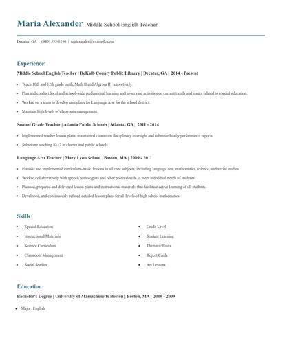Middle School English Teacher Resume