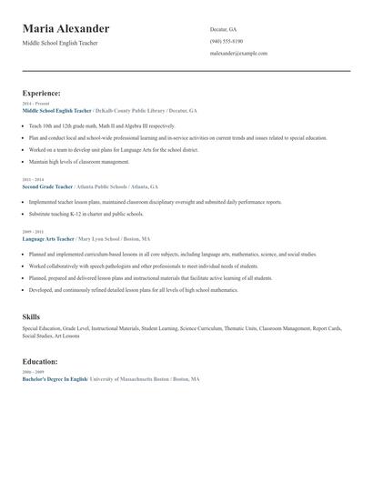 Middle School English Teacher Resume