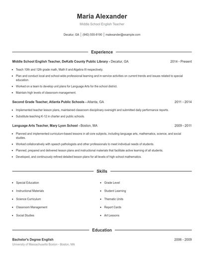 Middle School English Teacher Resume
