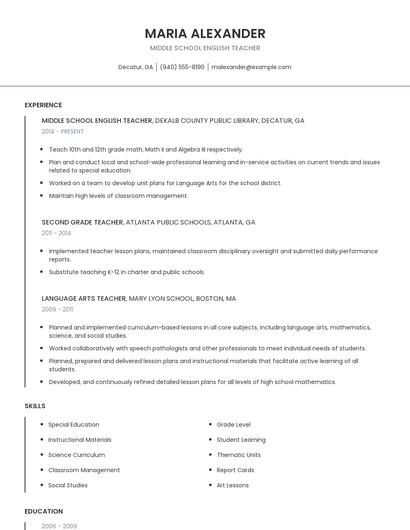 Middle School English Teacher Resume