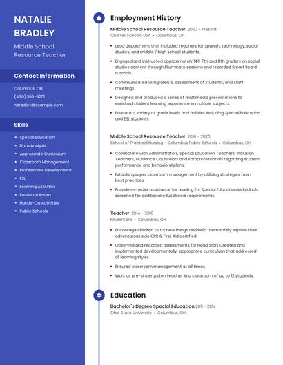 Middle School Resource Teacher Resume