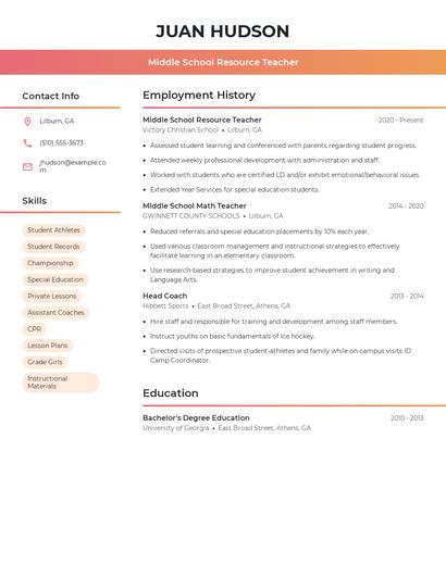 Middle School Resource Teacher Resume