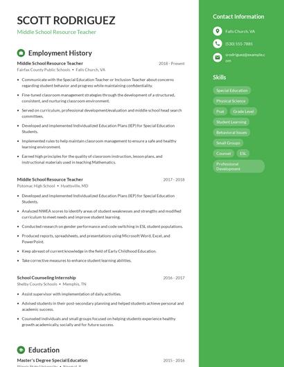 Middle School Resource Teacher Resume