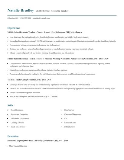 Middle School Resource Teacher Resume