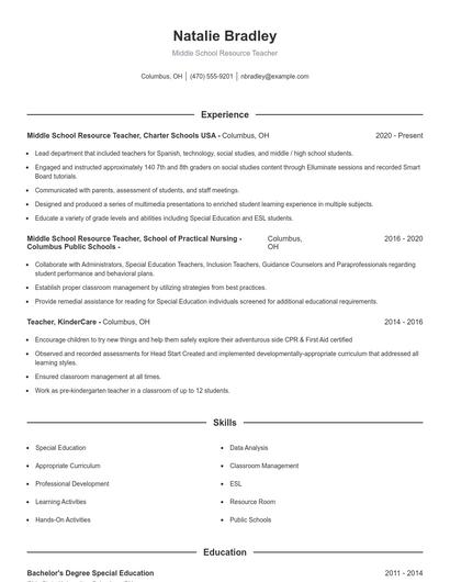 Middle School Resource Teacher Resume