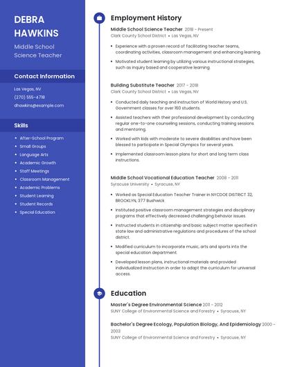 Middle School Science Teacher Resume