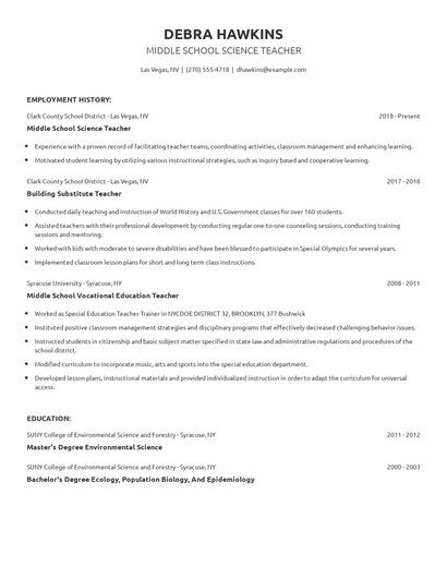 Middle School Science Teacher Resume