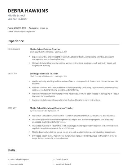 Middle School Science Teacher Resume
