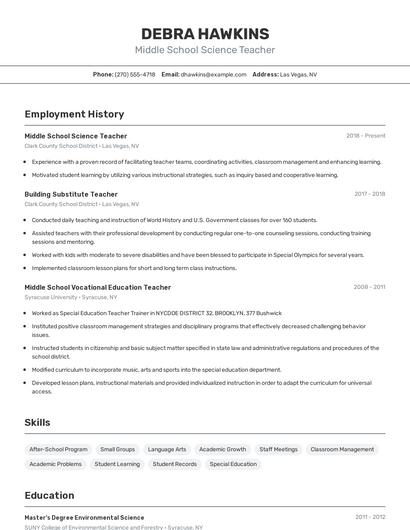 Middle School Science Teacher Resume