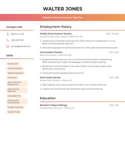 Middle School Science Teacher Resume
