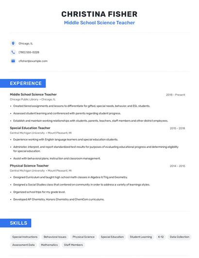 Middle School Science Teacher Resume