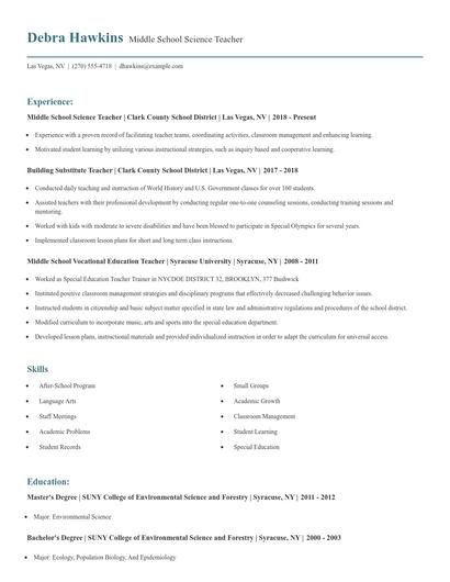 Middle School Science Teacher Resume