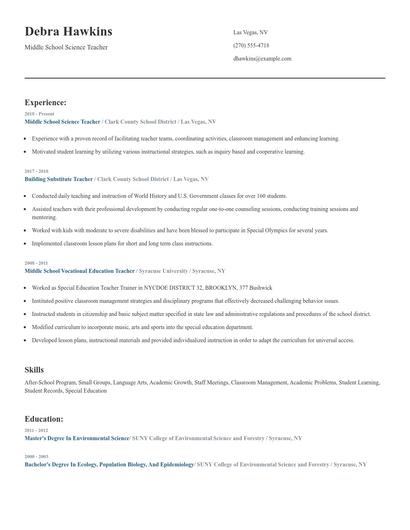 Middle School Science Teacher Resume