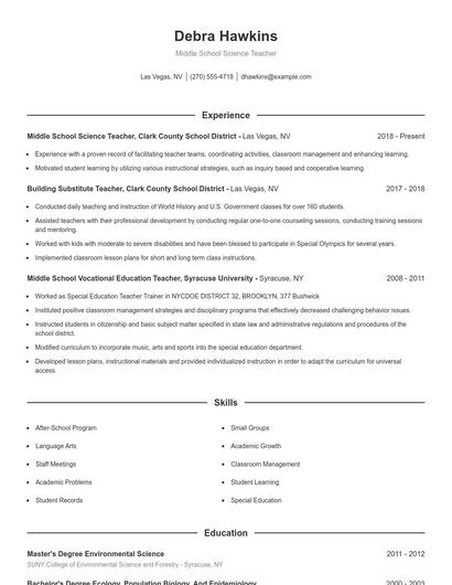 Middle School Science Teacher Resume