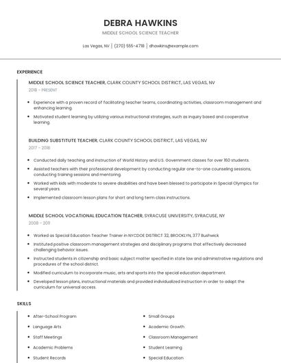 Middle School Science Teacher Resume
