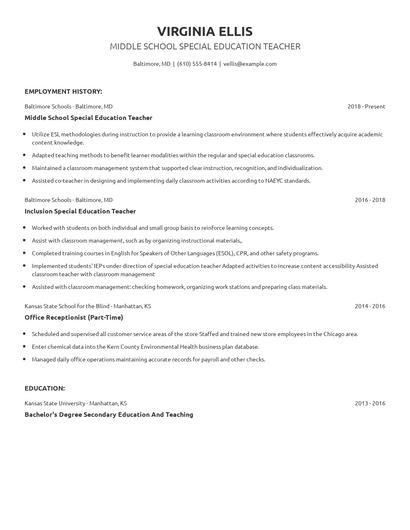 Middle School Special Education Teacher Resume