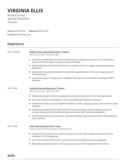Middle School Special Education Teacher Resume