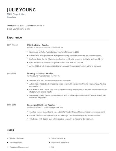 Mild Disabilities Teacher Resume
