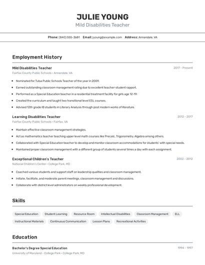 Mild Disabilities Teacher Resume