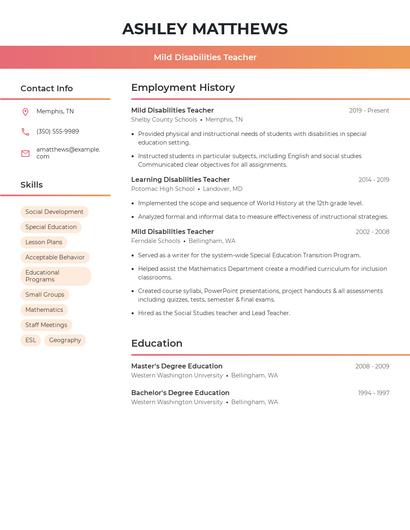 Mild Disabilities Teacher Resume