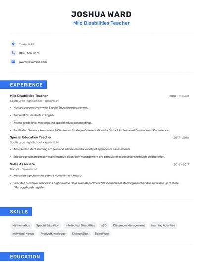 Mild Disabilities Teacher Resume