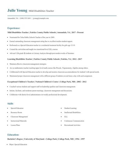 Mild Disabilities Teacher Resume
