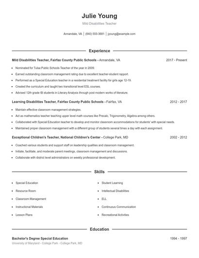 Mild Disabilities Teacher Resume