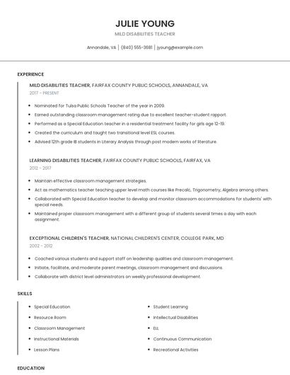 Mild Disabilities Teacher Resume