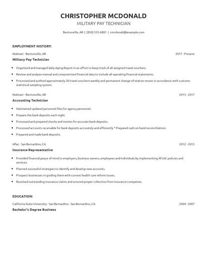 Military Pay Technician Resume