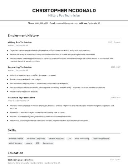 Military Pay Technician Resume