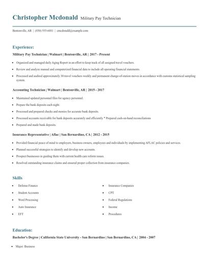 Military Pay Technician Resume